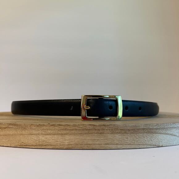 Vintage 00s Black Midnight Bonded Leather Rectangle Gold Buckle Belt Size Medium - Picture 8 of 12